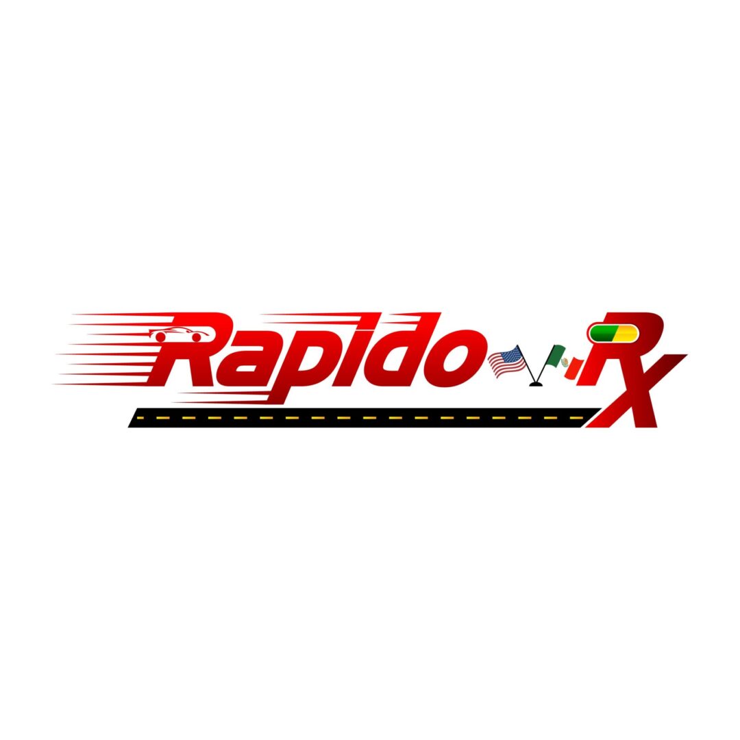 A red and white logo of rapido rx